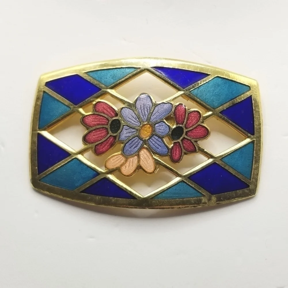 Vintage Cloisonne Brooch Pin Flowers Harlequin Pattern Multi Color Gold Tone
